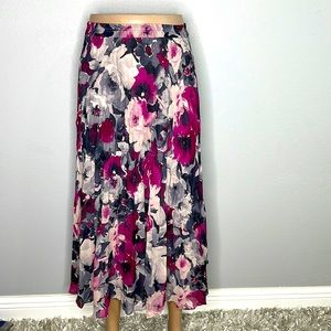 Chaps Pleated Pink Floral Flare Maxi Skirt
